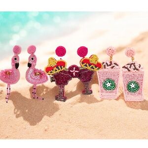 Colorful Hand-Made Beaded Earrings/Flamingo, Margarita, Starbucks Frappuccino